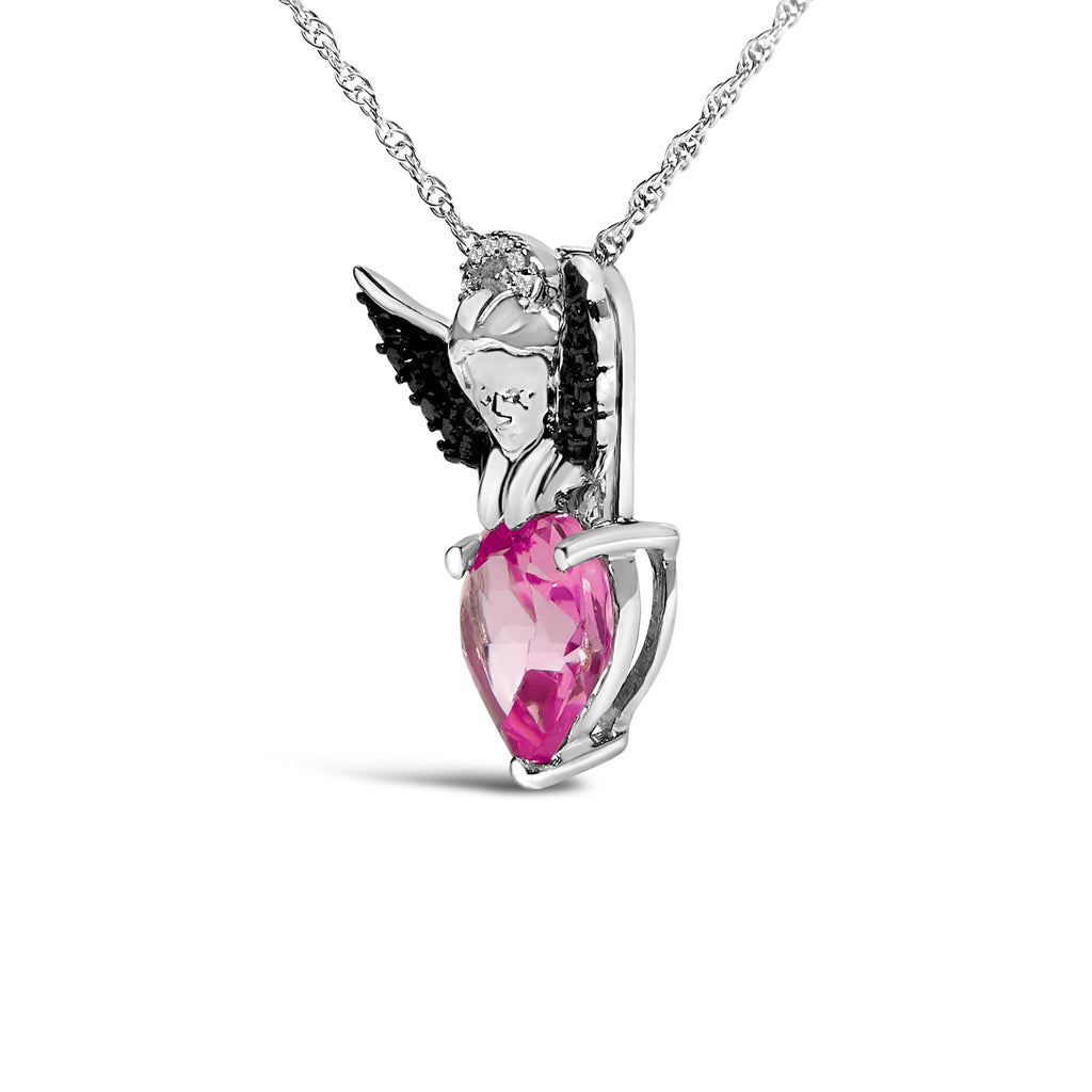 Sterling Silver Diamond Accent & Created Pink Sapphire Angel Heart Pendant Necklace