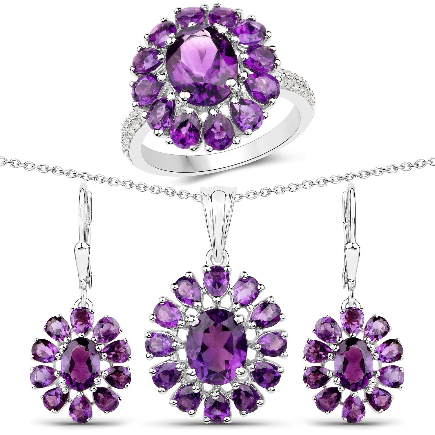 11.60 Carat Genuine Amethyst and White Topaz .925 Sterling Silver 3 Piece Jewelry Set (Ring, Earrings, and Pendant w/ Chain)