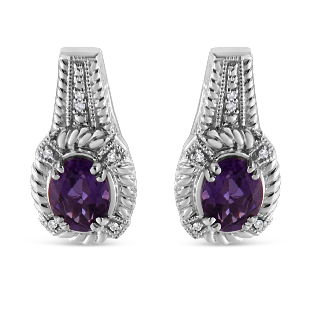 .925 Sterling Silver 8x6 MM Natural Oval Purple Amethyst Gemstone and Diamond Accent Art Deco Style Drop and Dangle Earrings (I-J Color, I1-I2 Clarity)