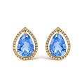 18K Yellow Gold 9x13 MM Blue Flourite Pear Halo Stud Earrings 1/2 Cttw Diamond