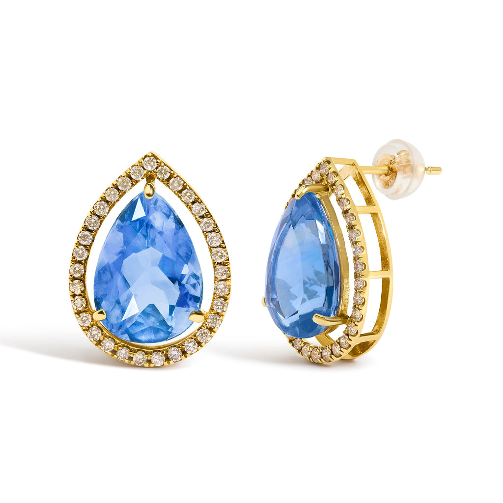 18K Yellow Gold 9x13 MM Blue Flourite Pear Halo Stud Earrings 1/2 Cttw Diamond