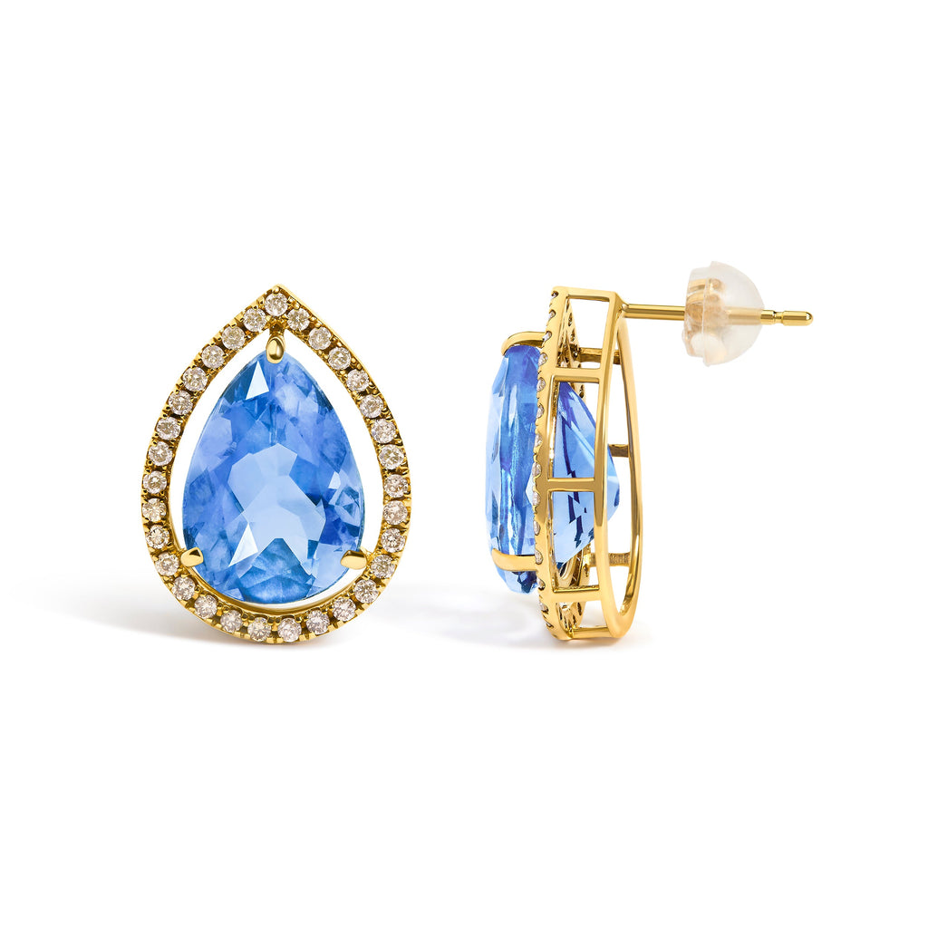 18K Yellow Gold 9x13 MM Blue Flourite Pear Halo Stud Earrings 1/2 Cttw Diamond