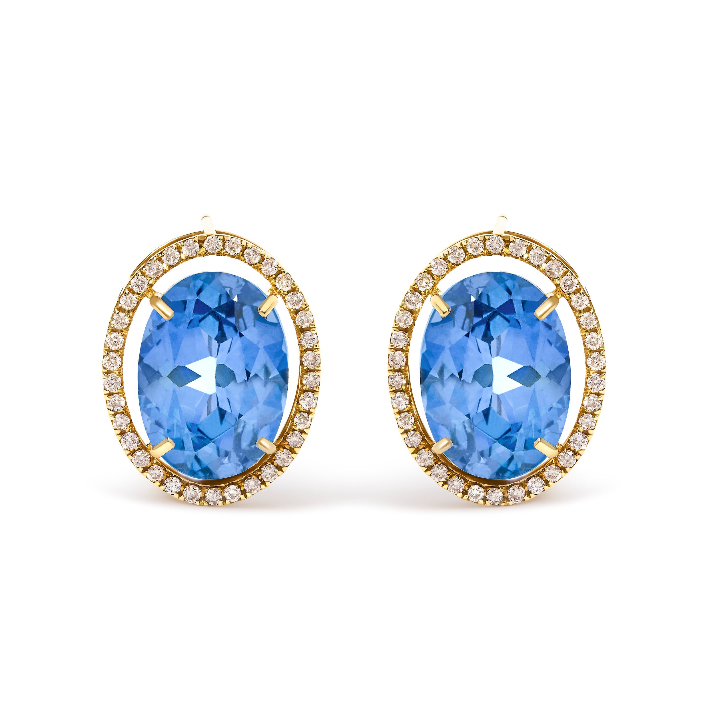 18K Yellow Gold 11x14MM Blue Fluorite Oval Stud Earrings with 1/2 Cttw Diamond Halo
