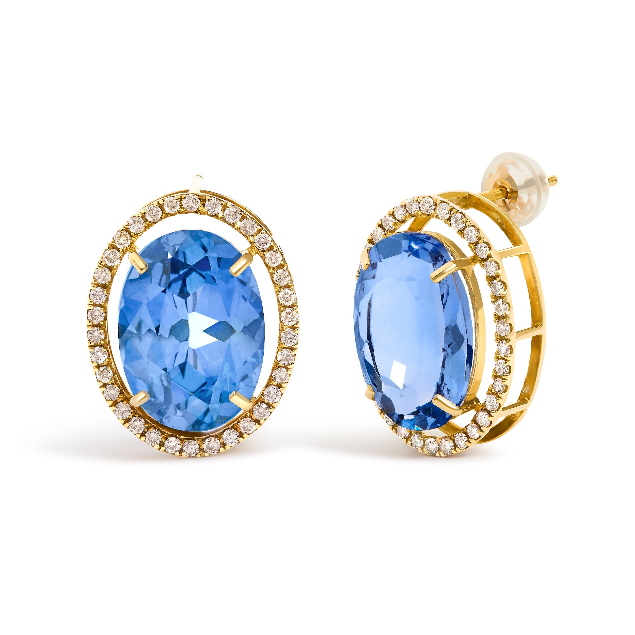 18K Yellow Gold 11x14MM Blue Fluorite Oval Stud Earrings with 1/2 Cttw Diamond Halo