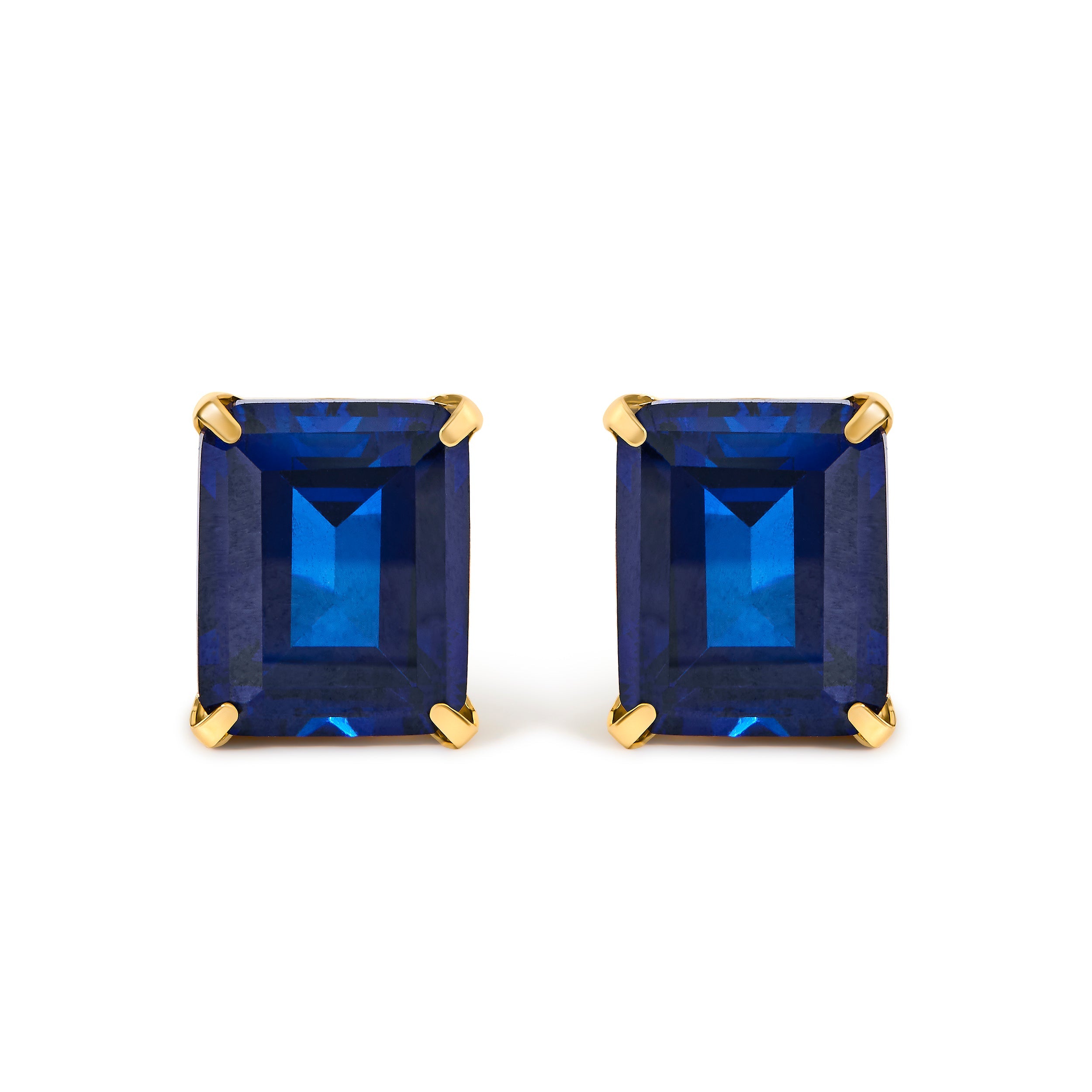 18K Yellow Gold 10x8 MM Lab Created Blue Sapphire Emerald Cut Solitaire Stud Earrings