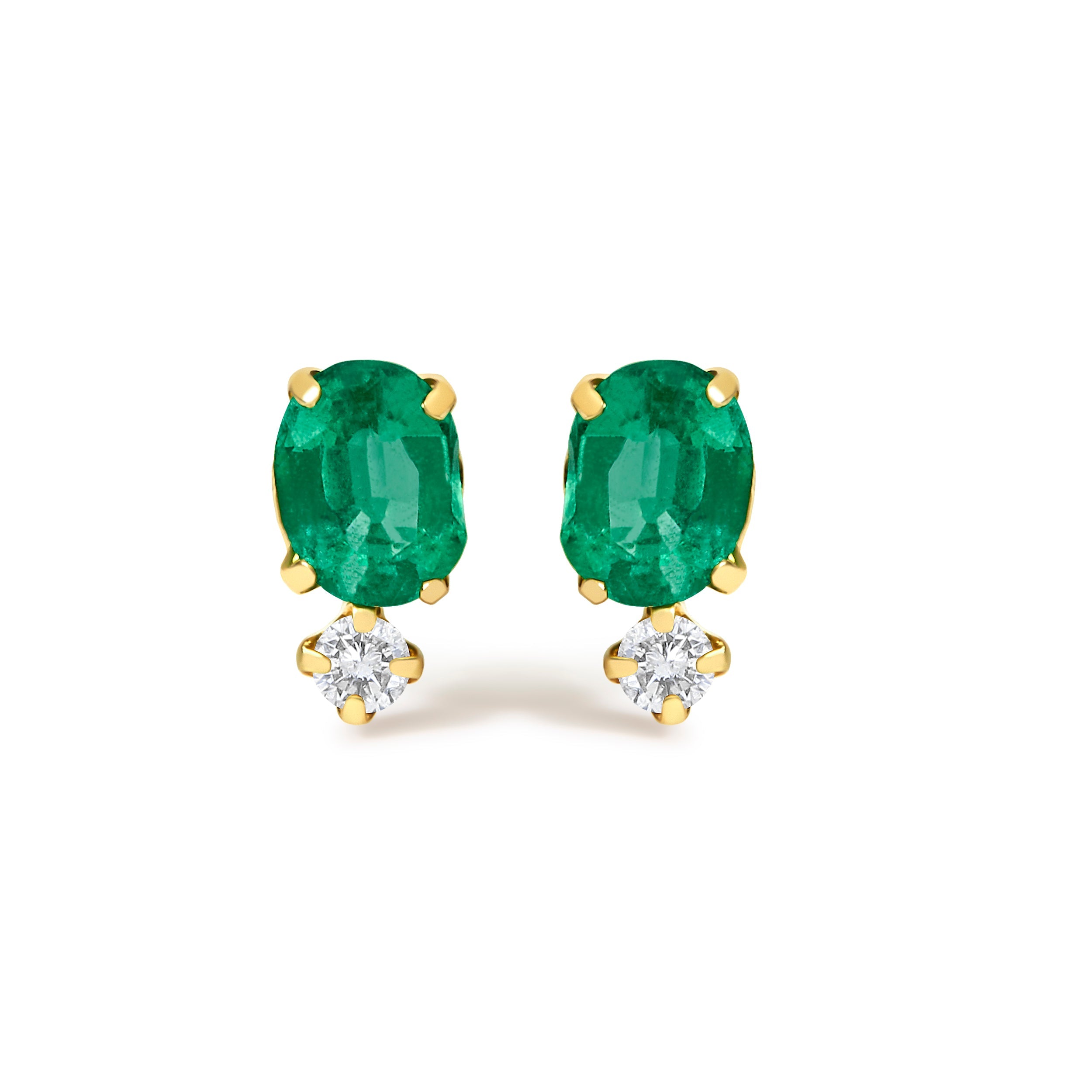 18K Yellow Gold Oval Green Emerald and Diamond Double Drop Stud Earrings