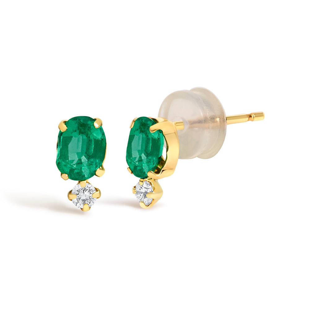 18K Yellow Gold Oval Green Emerald and Diamond Double Drop Stud Earrings