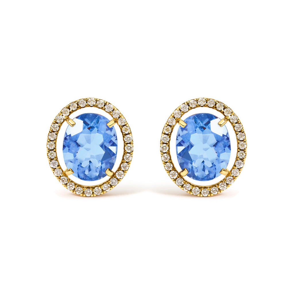 18K Yellow Gold 8X10 MM Blue Fluorite Oval and 1/2 Cttw Diamond Halo Stud Earrings