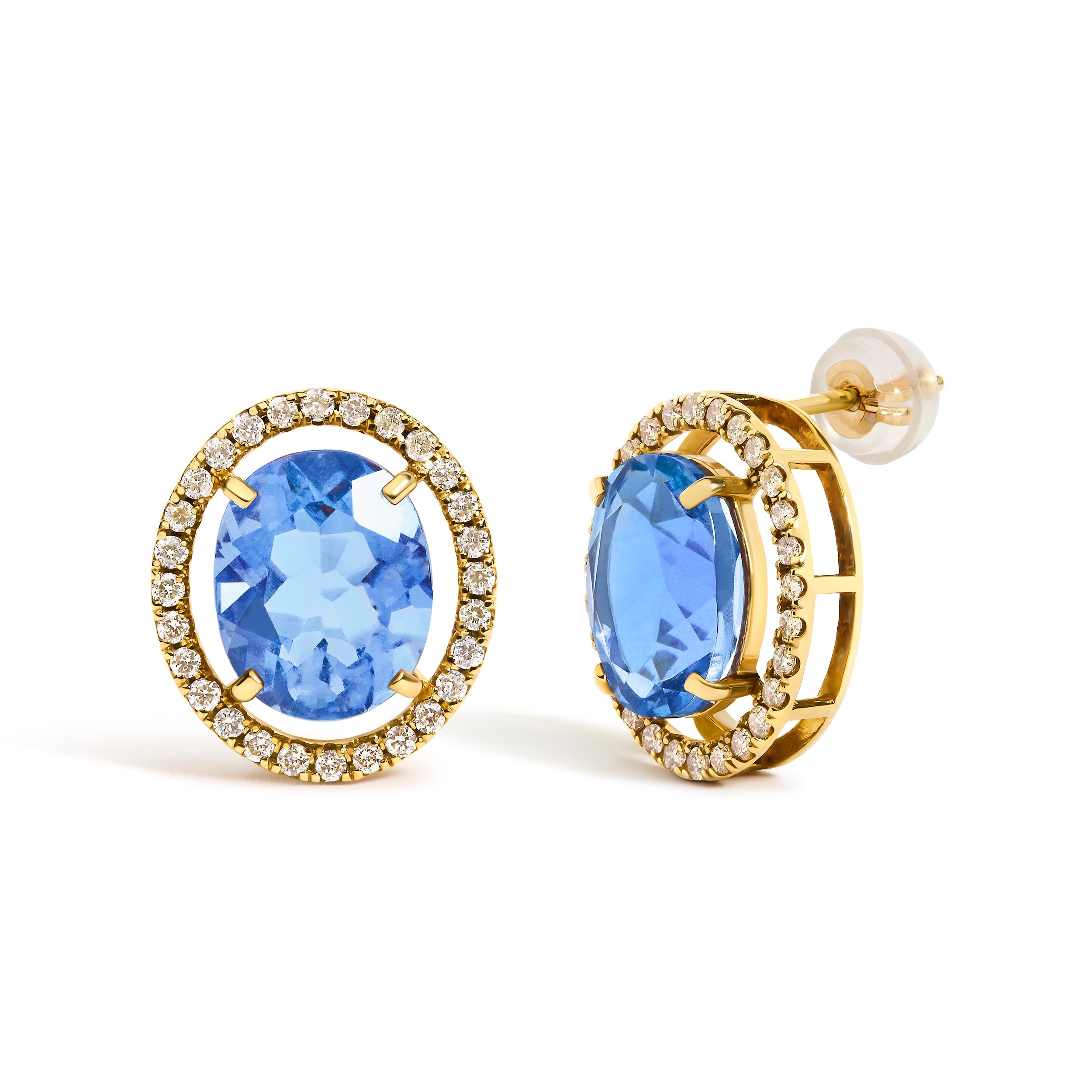 18K Yellow Gold 8X10 MM Blue Fluorite Oval and 1/2 Cttw Diamond Halo Stud Earrings