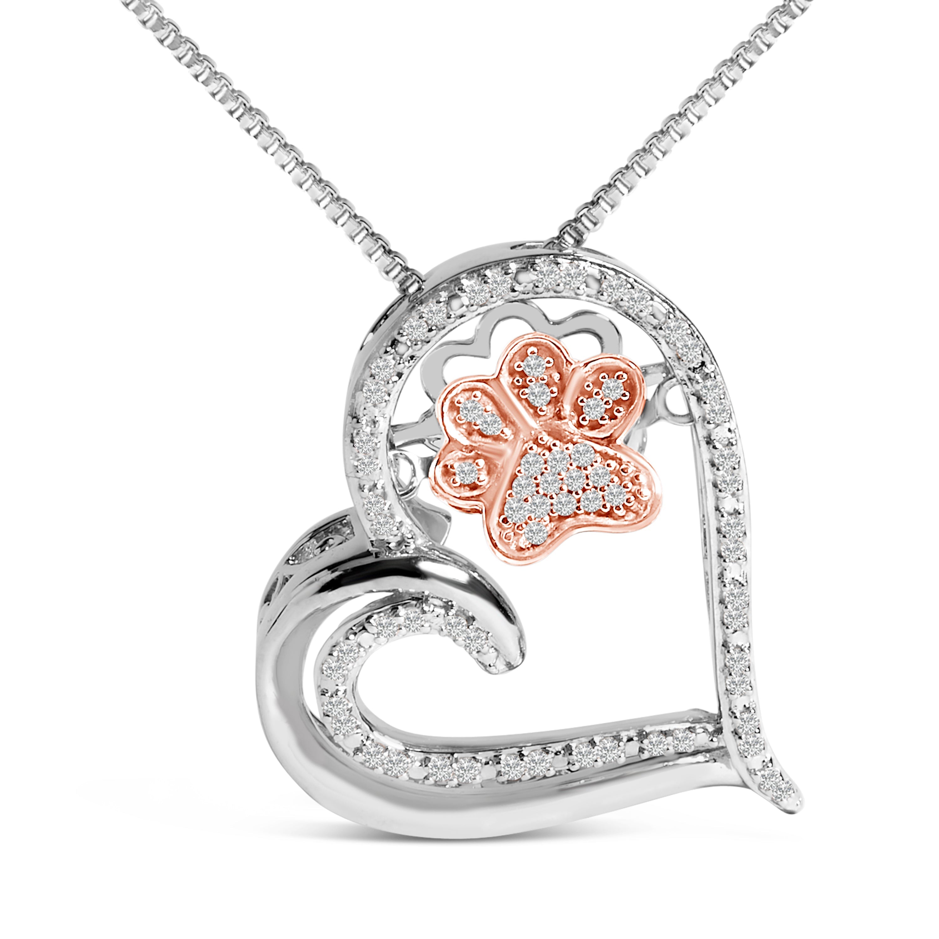 14K Rose Gold Plated Sterling Silver 1/10 Cttw Diamond Paw & Heart Pendant Necklace