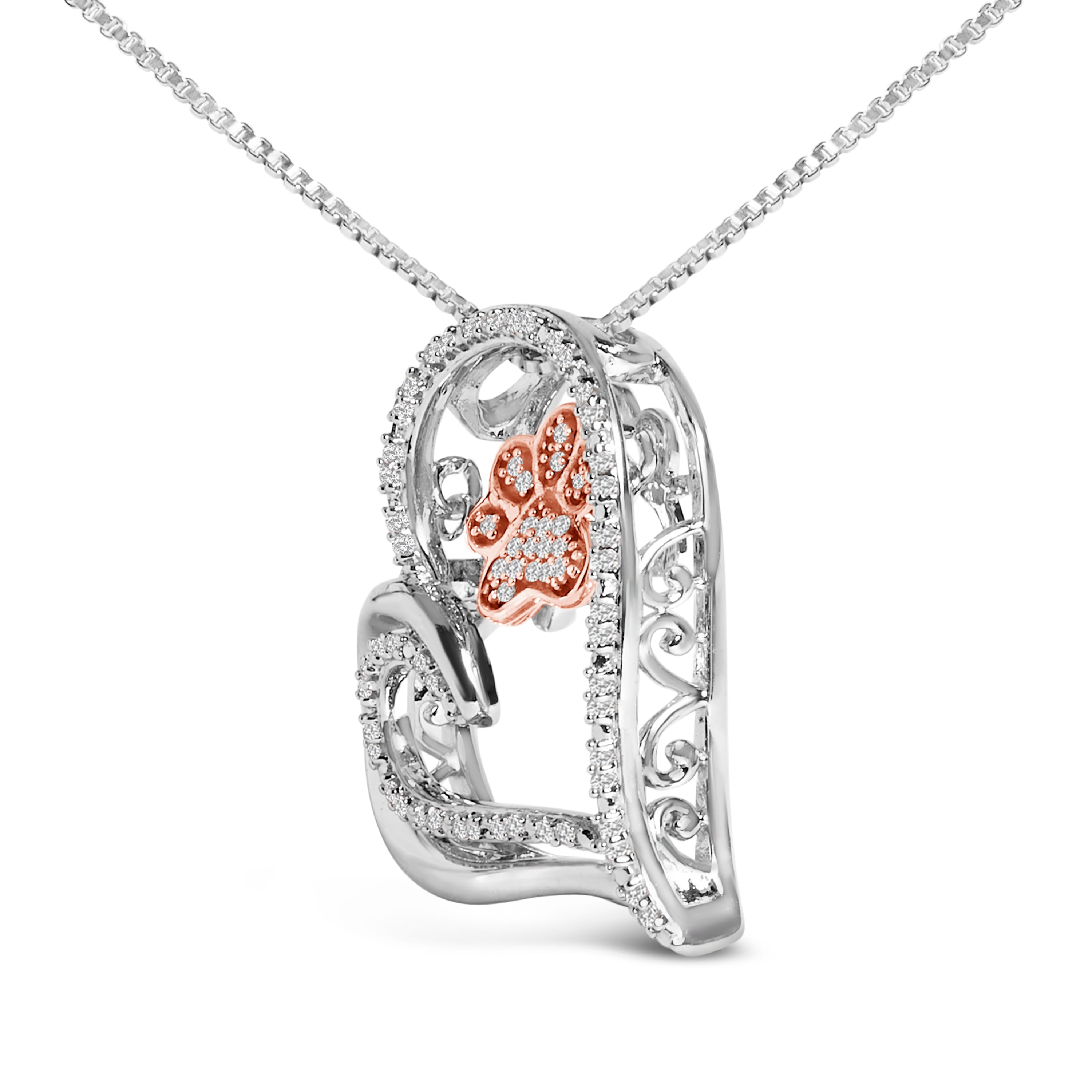 14K Rose Gold Plated Sterling Silver 1/10 Cttw Diamond Paw & Heart Pendant Necklace