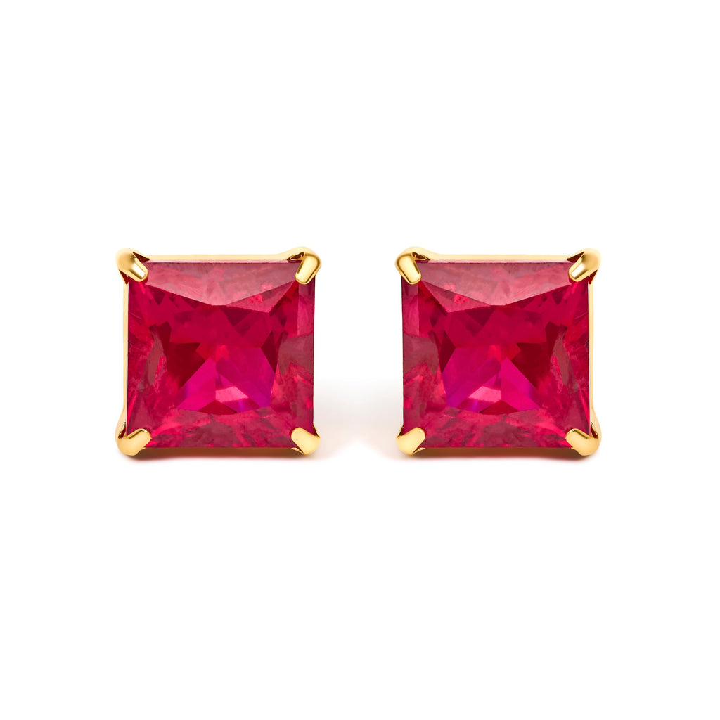 18K Yellow Gold 7x7 MM Created Red Ruby Princess Cut Solitaire Stud Earrings