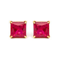 18K Yellow Gold 7x7 MM Created Red Ruby Princess Cut Solitaire Stud Earrings