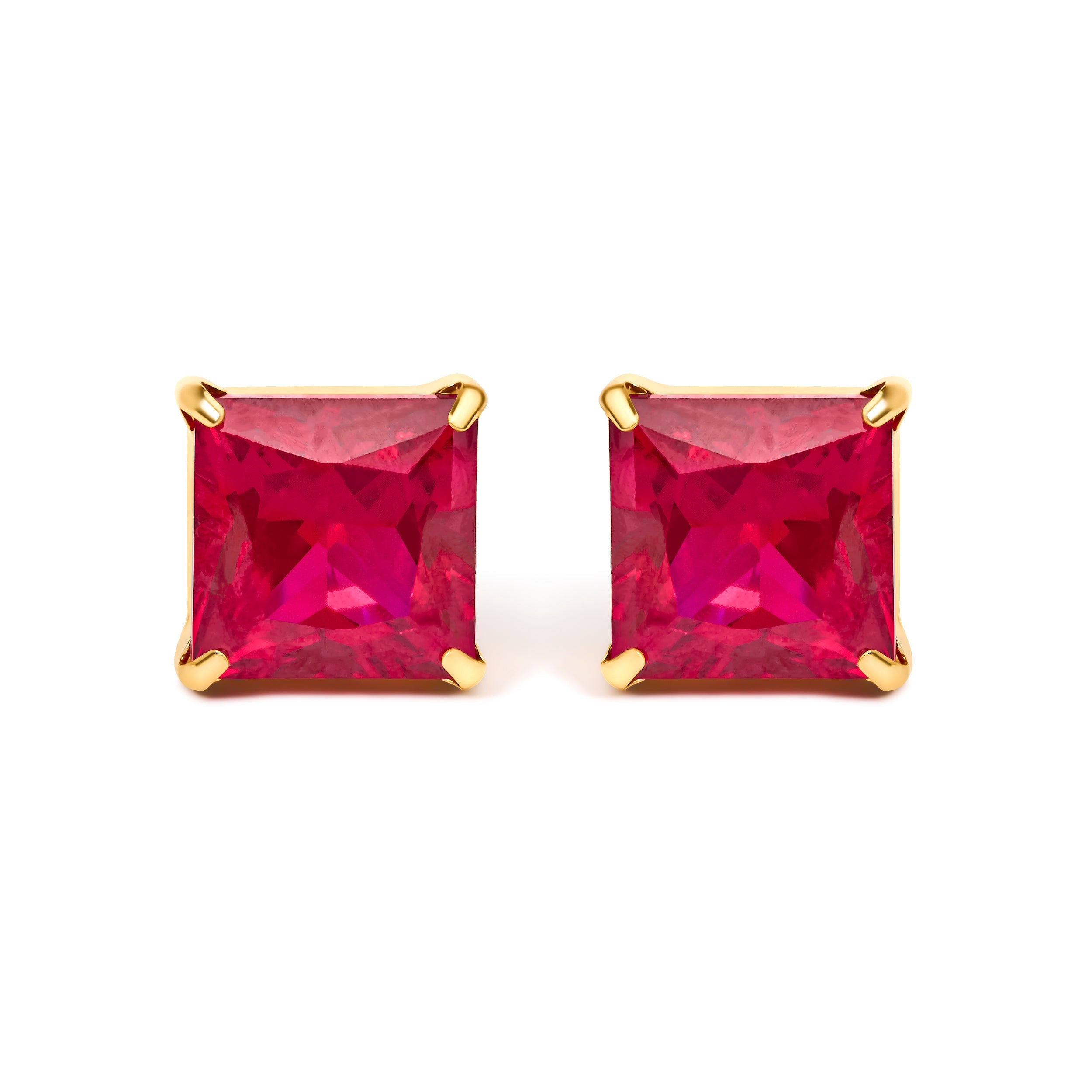 18K Yellow Gold 7x7 MM Created Red Ruby Princess Cut Solitaire Stud Earrings