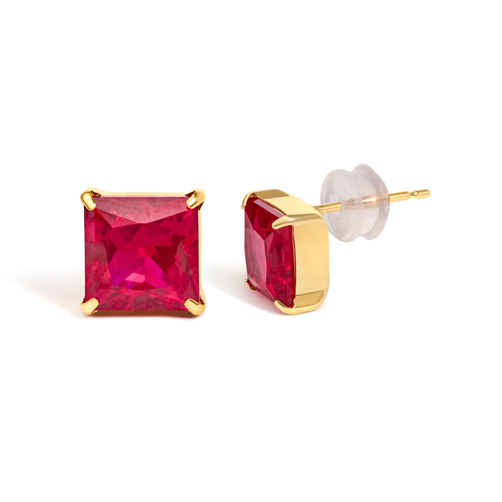 18K Yellow Gold 7x7 MM Created Red Ruby Princess Cut Solitaire Stud Earrings