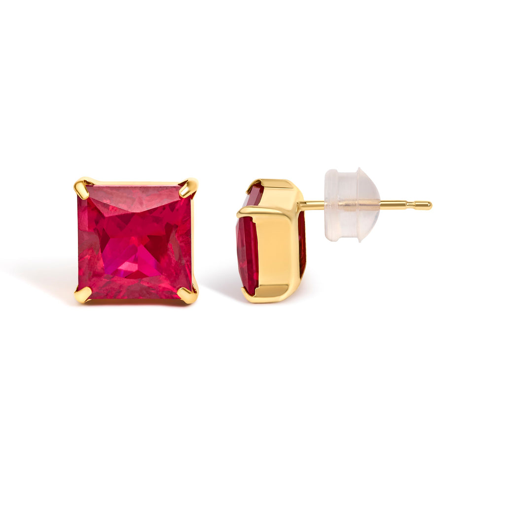 18K Yellow Gold 7x7 MM Created Red Ruby Princess Cut Solitaire Stud Earrings