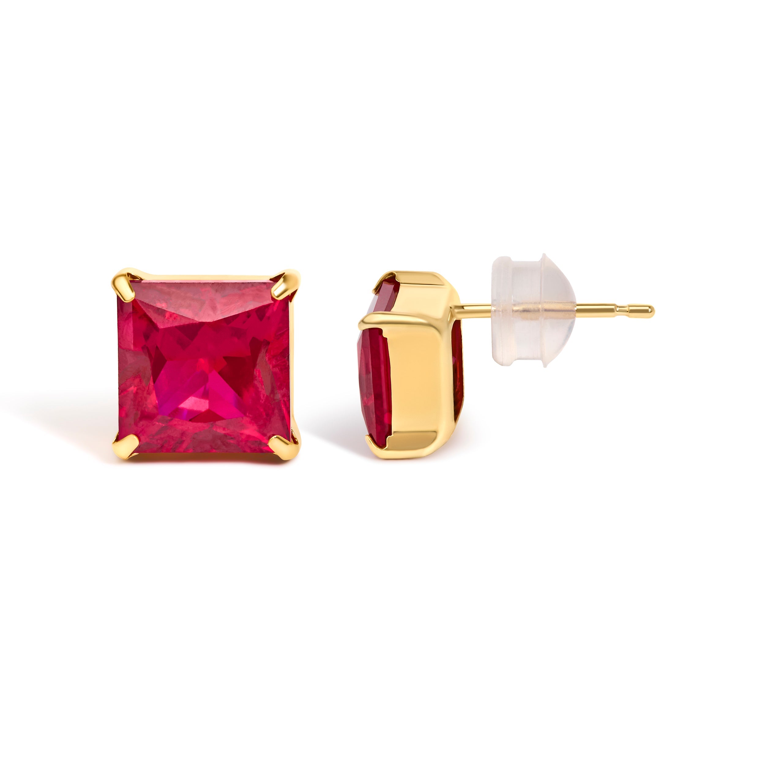 18K Yellow Gold 7x7 MM Created Red Ruby Princess Cut Solitaire Stud Earrings