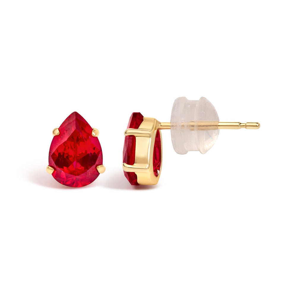 18K Yellow Gold 5X7 MM Created Pear Ruby Solitaire Stud Earrings