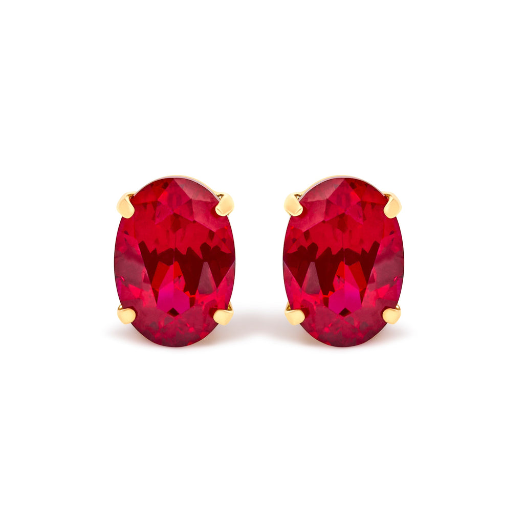 18K Yellow Gold 7x5 MM Created Oval Ruby Solitaire Stud Earrings