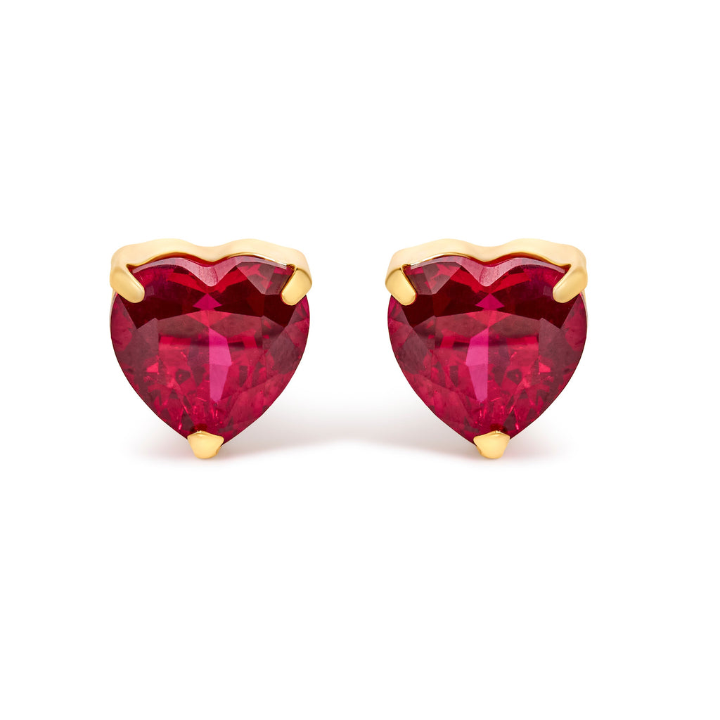 18K Yellow Gold 6x6 MM Created Red Ruby Heart Solitaire Stud Earrings