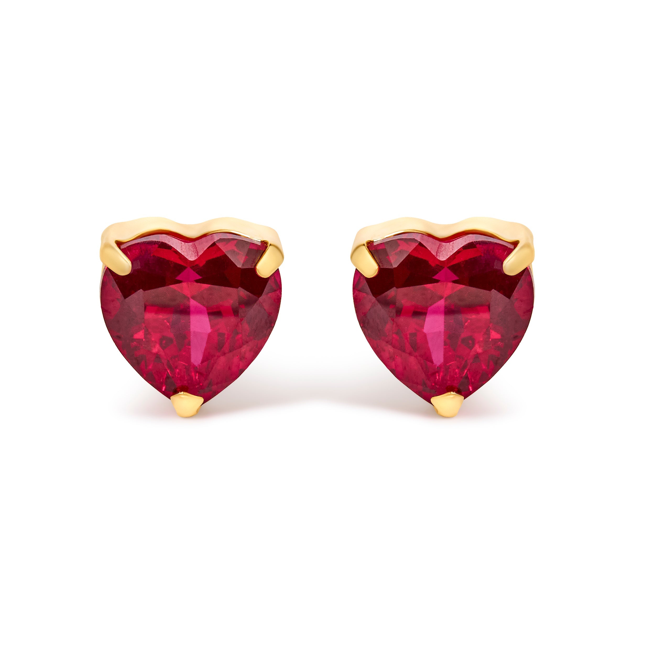 18K Yellow Gold 6x6 MM Created Red Ruby Heart Solitaire Stud Earrings