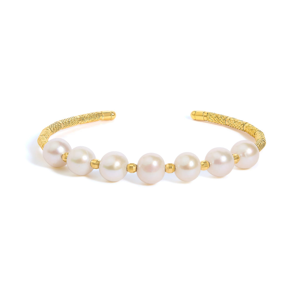18K Yellow Gold Freshwater Pearl Cuff Bangle Bracelet