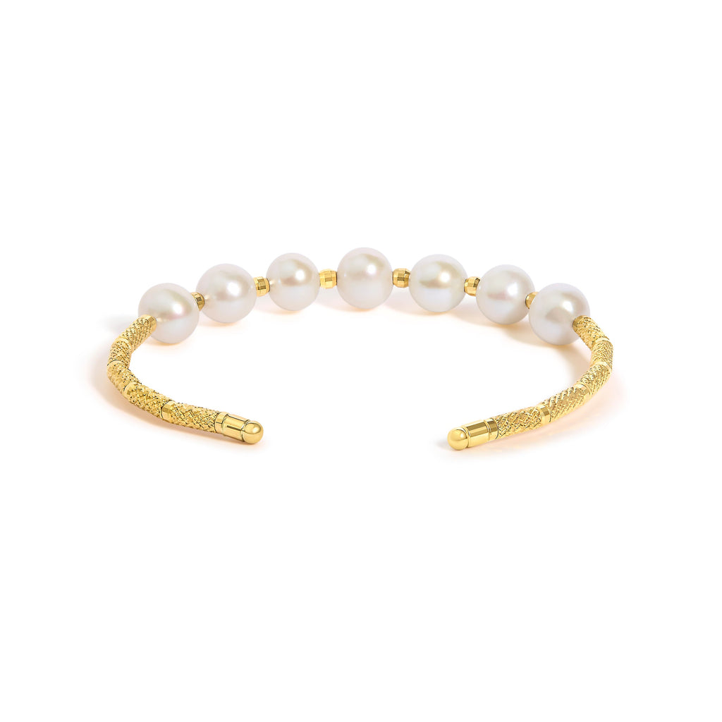 18K Yellow Gold Freshwater Pearl Cuff Bangle Bracelet