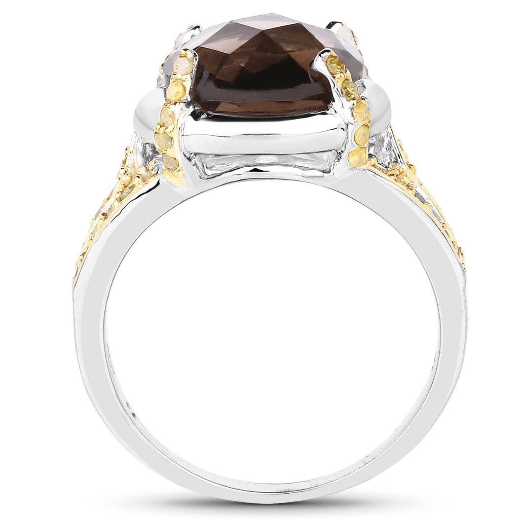 3.28 Carat Genuine Smoky Quartz and Yellow Diamond .925 Sterling Silver Ring