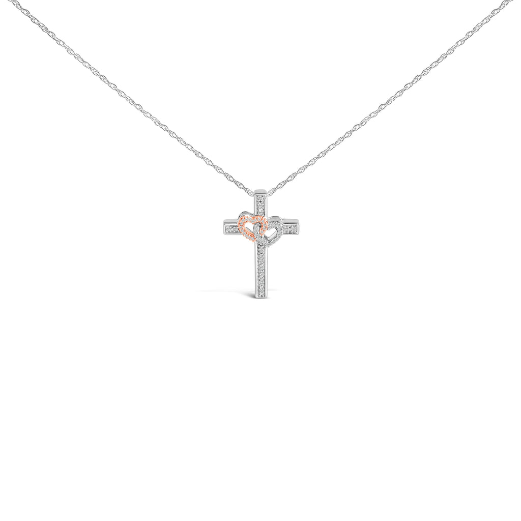14K Rose Gold Plated Sterling Silver 1/10 Cttw Diamond Cross & Heart Pendant Necklace