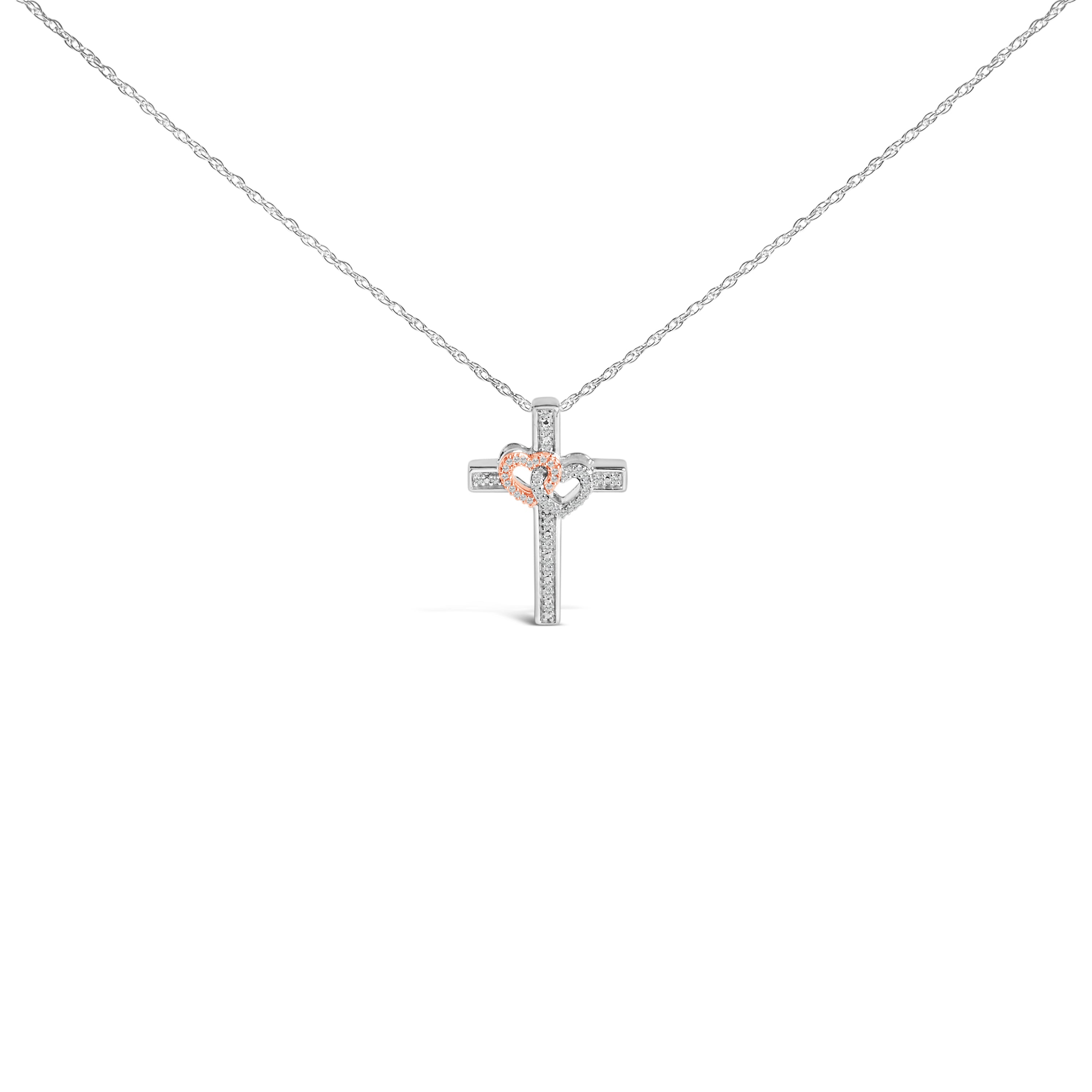 14K Rose Gold Plated Sterling Silver 1/10 Cttw Diamond Cross & Heart Pendant Necklace