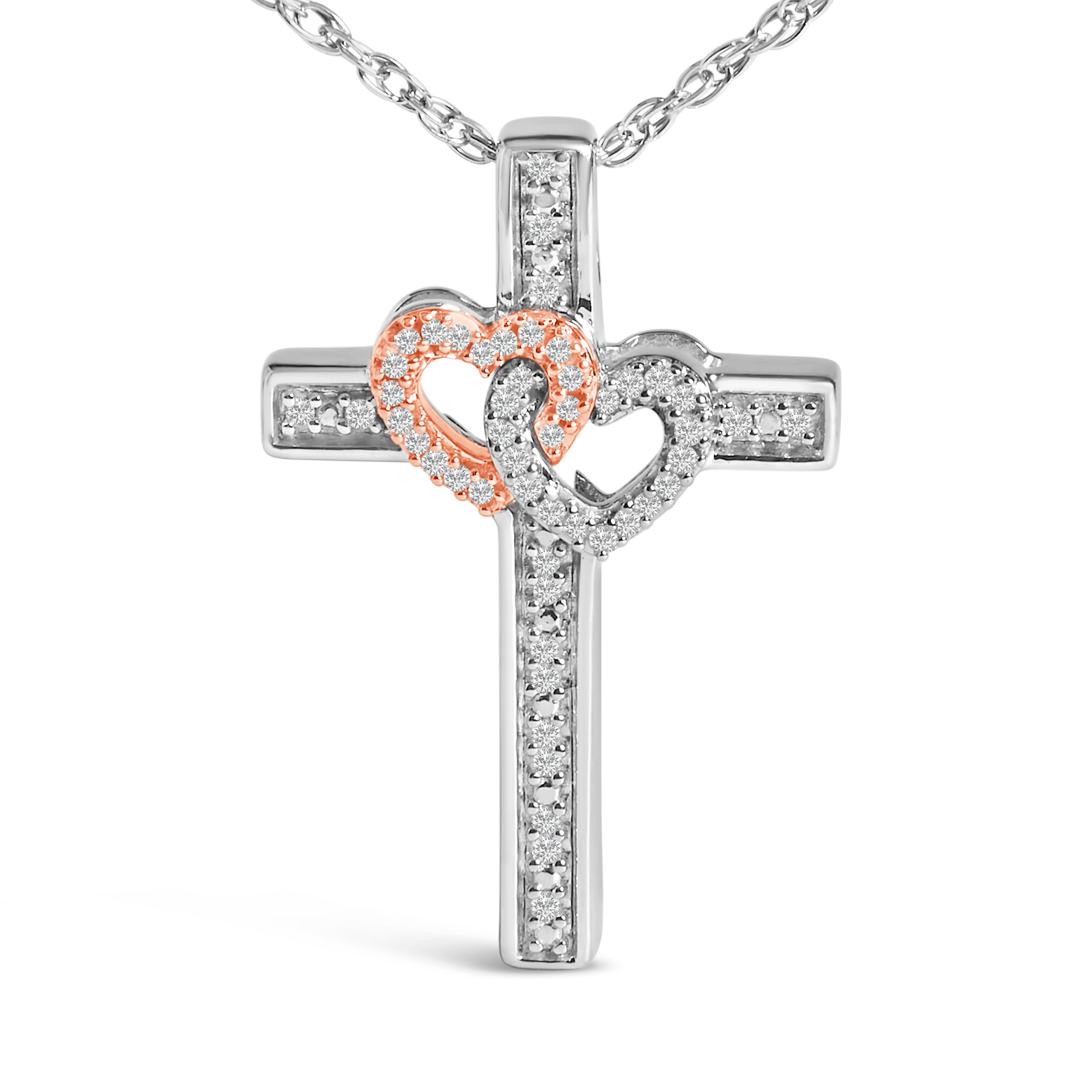 14K Rose Gold Plated Sterling Silver 1/10 Cttw Diamond Cross & Heart Pendant Necklace