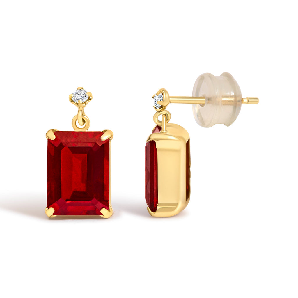 18K Yellow Gold Rectangular Emerald-Cut Garnet and Diamond Dangle Earrings