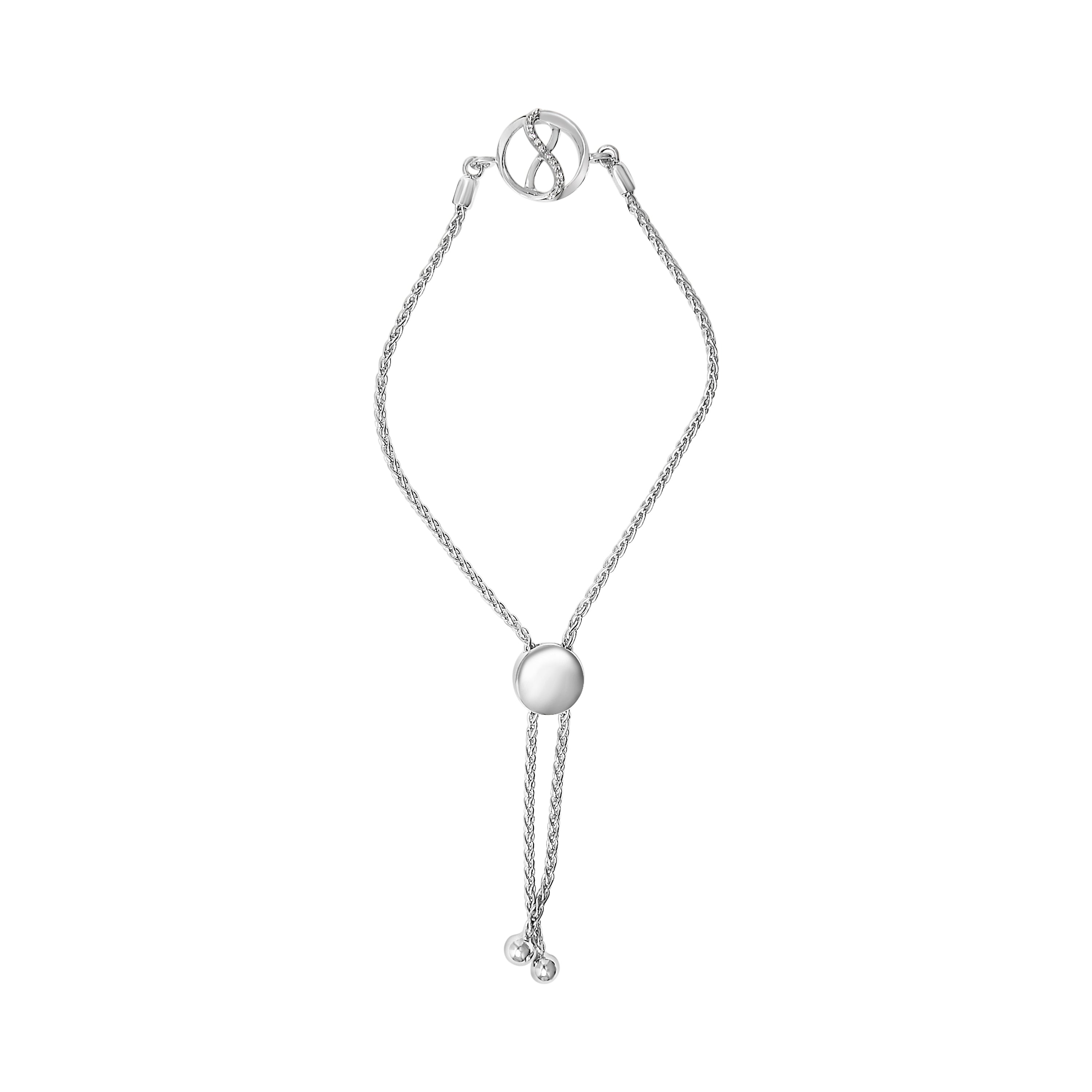 .925 Sterling Silver Diamond Accent Ribbon and Circle Bolo Adjustable Bracelet