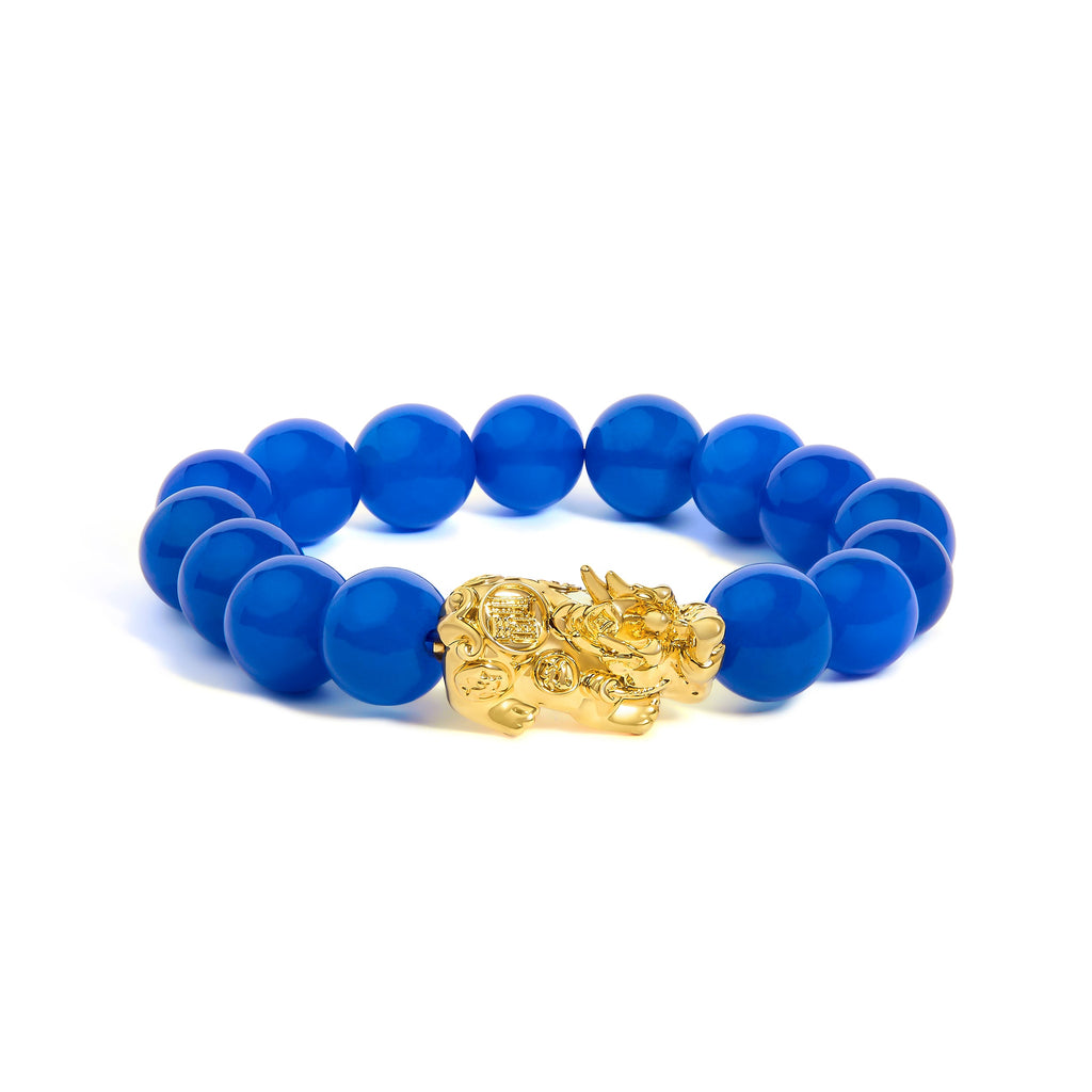 18K Yellow Gold Blue Agate Beaded Dragon Charm Bracelet