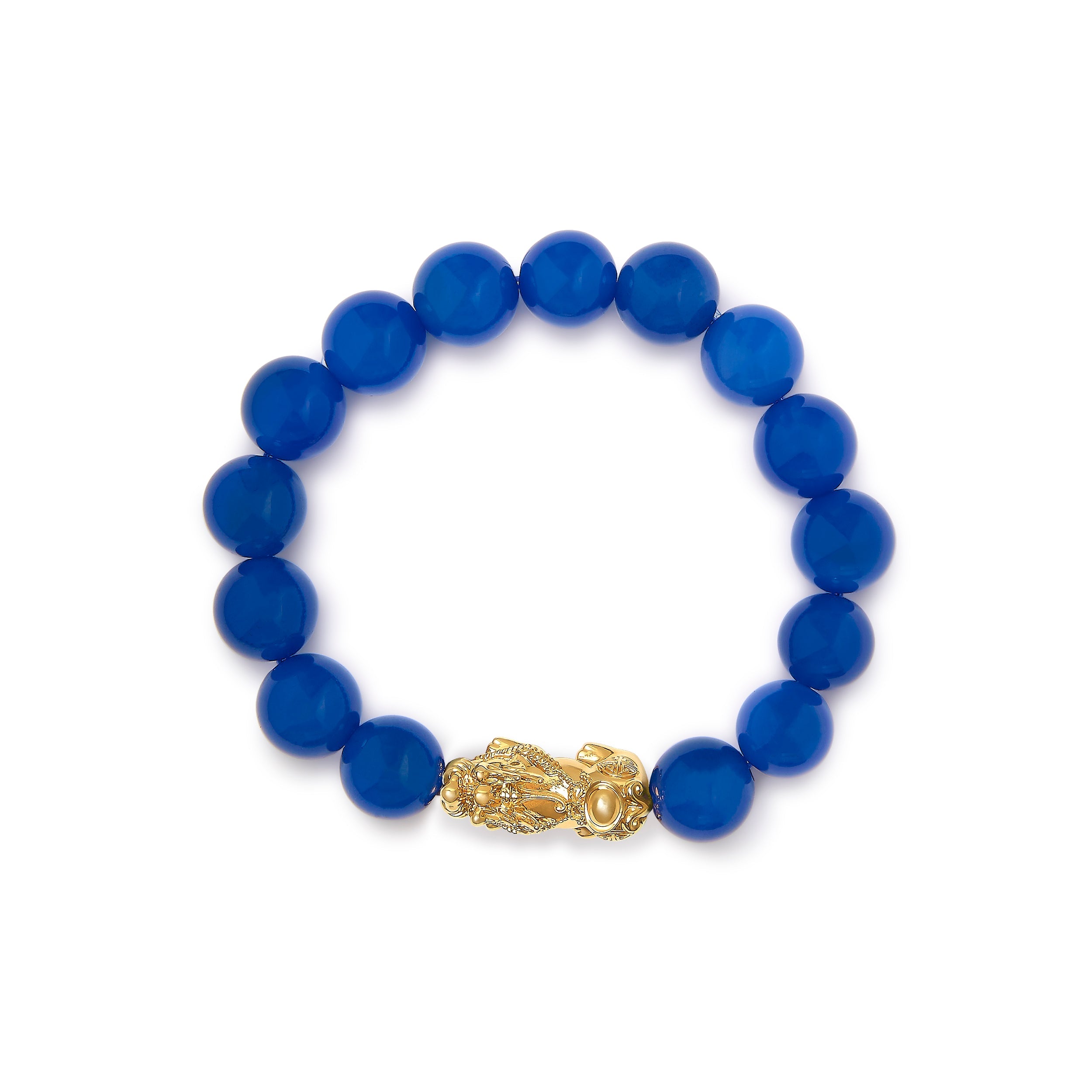 18K Yellow Gold Blue Agate Beaded Dragon Charm Bracelet