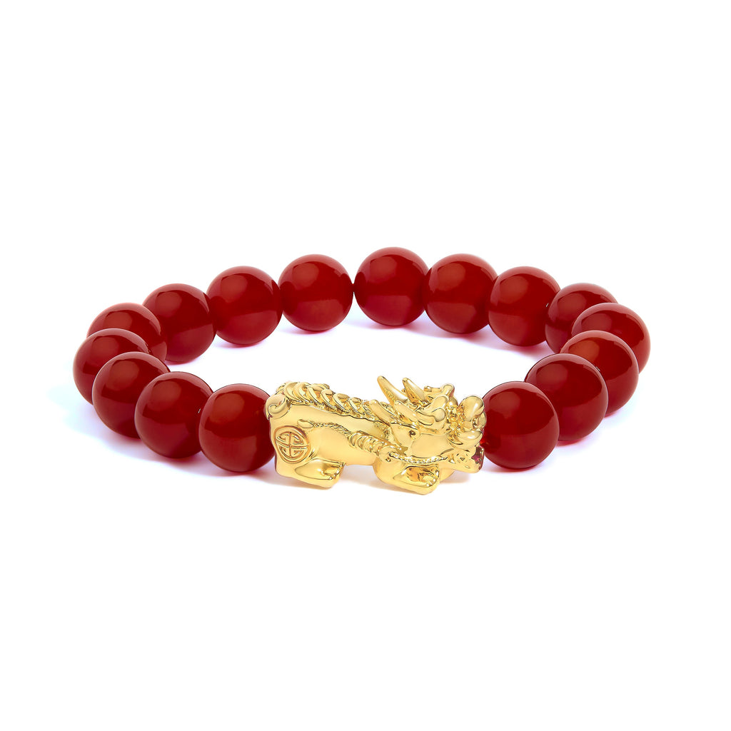 18K Yellow Gold Dragon Charm Red Agate Beaded Charm Bracelet