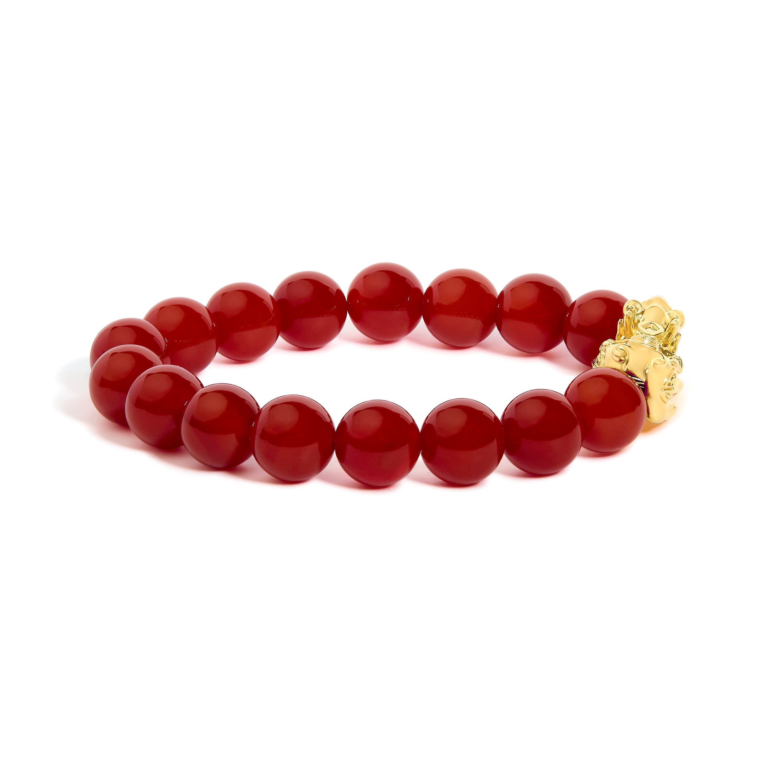 18K Yellow Gold Dragon Charm Red Agate Beaded Charm Bracelet