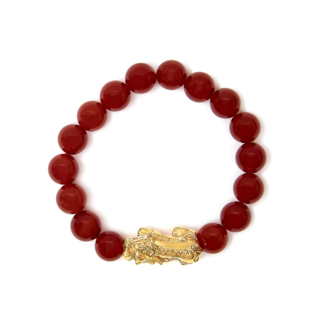 18K Yellow Gold Dragon Charm Red Agate Beaded Charm Bracelet