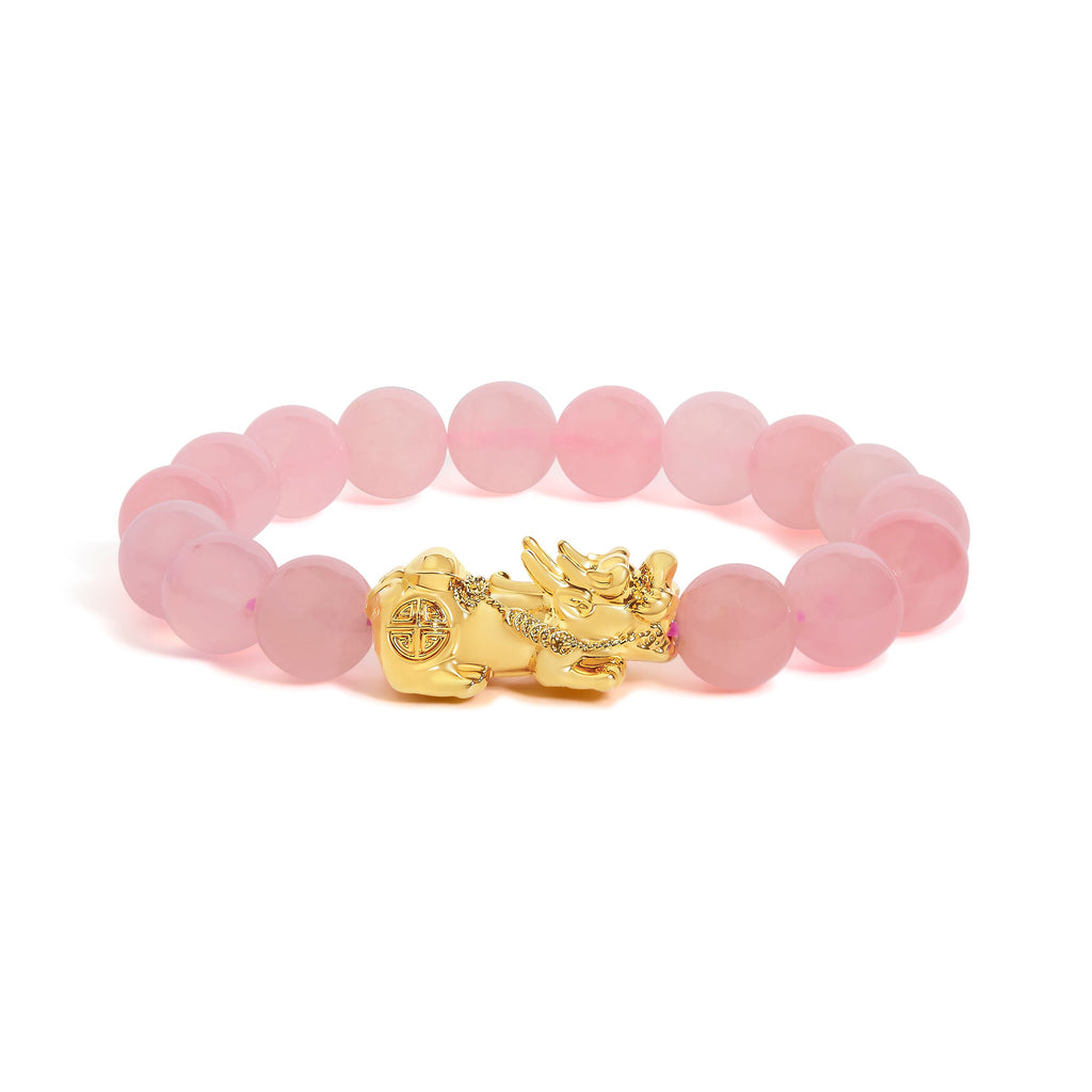 18K Yellow Gold Dragon Charm Natural Rose Quartz Beaded Charm Bracelet