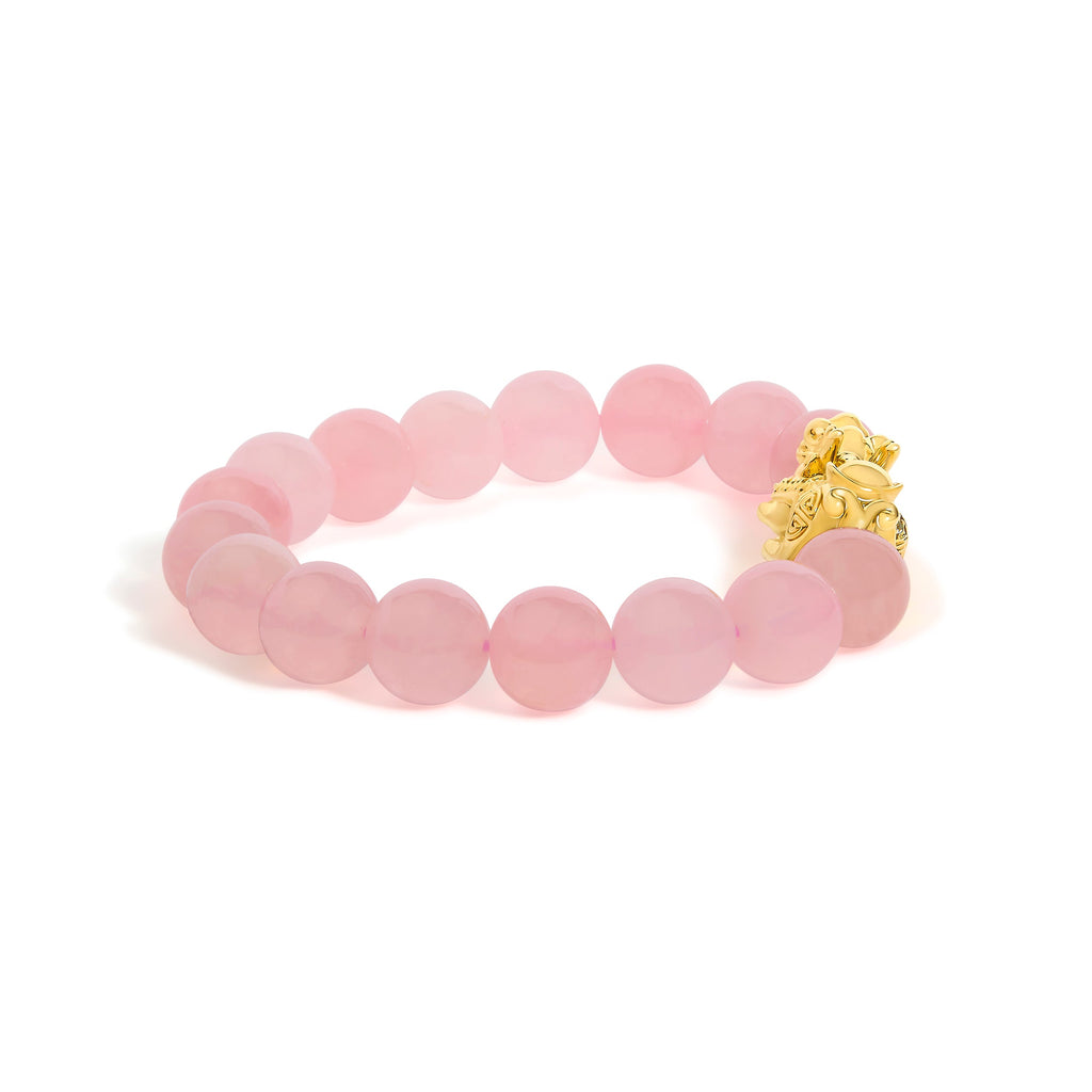18K Yellow Gold Dragon Charm Natural Rose Quartz Beaded Charm Bracelet