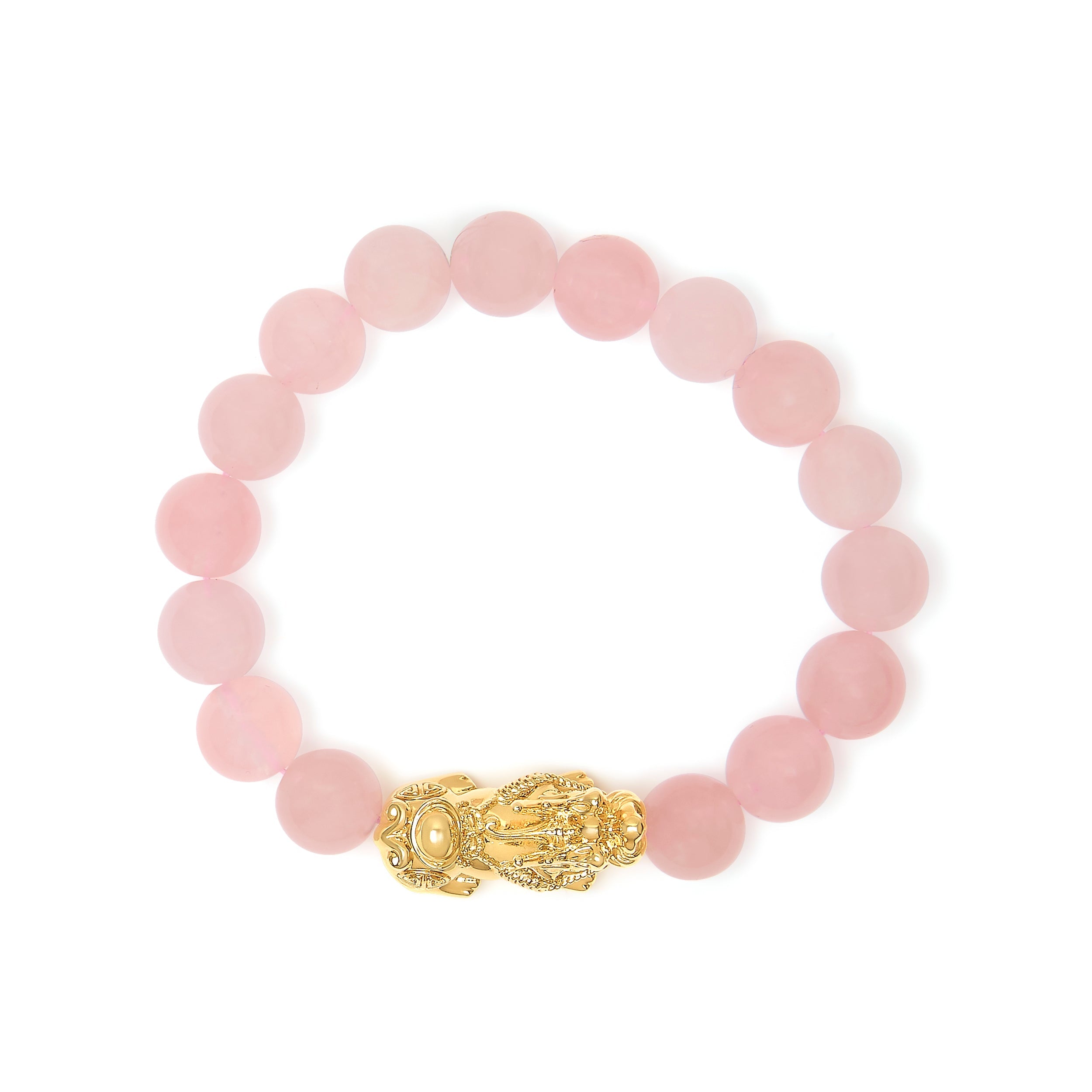 18K Yellow Gold Dragon Charm Natural Rose Quartz Beaded Charm Bracelet