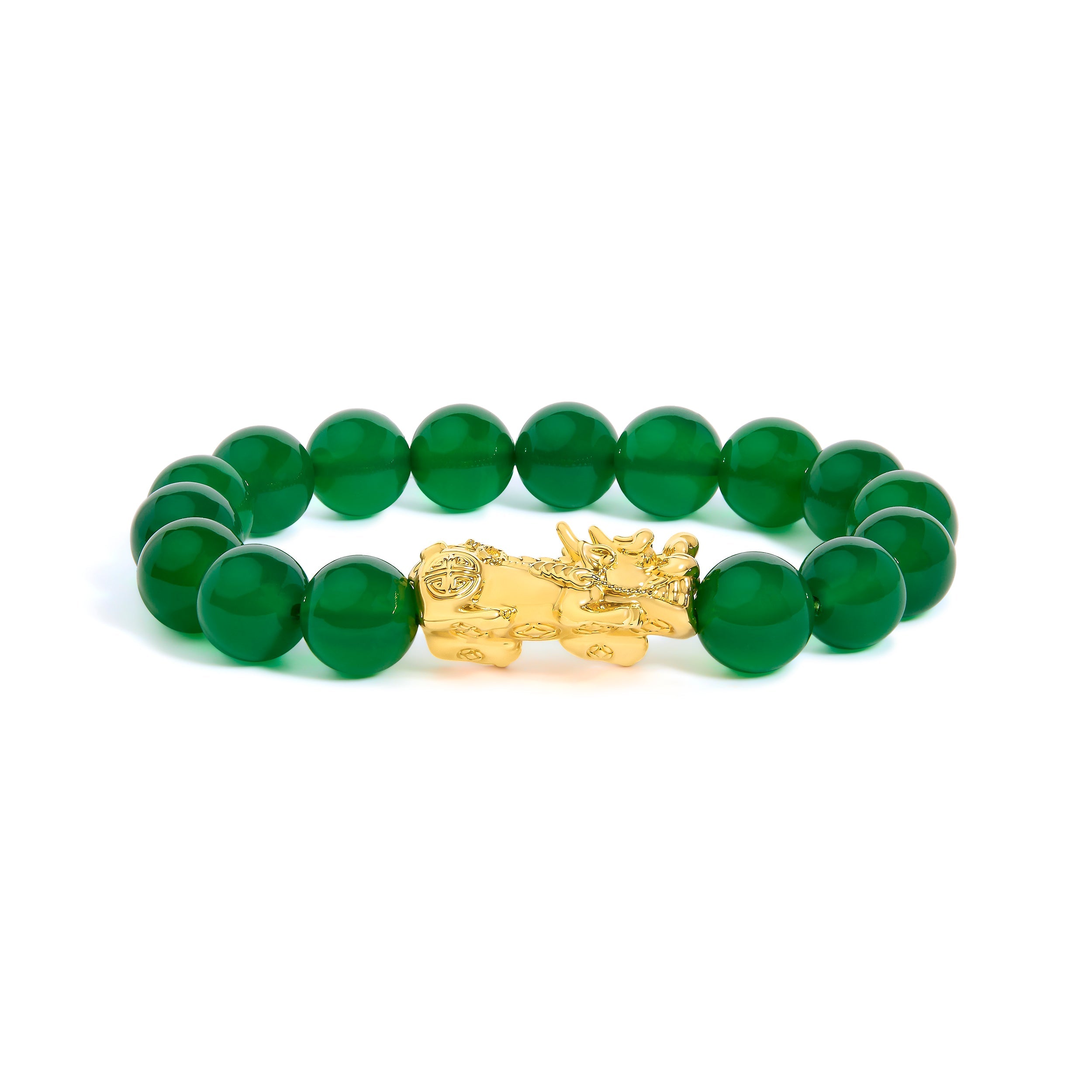 18K Yellow Gold Green Agate Beaded Bracelet with Dragon Charm