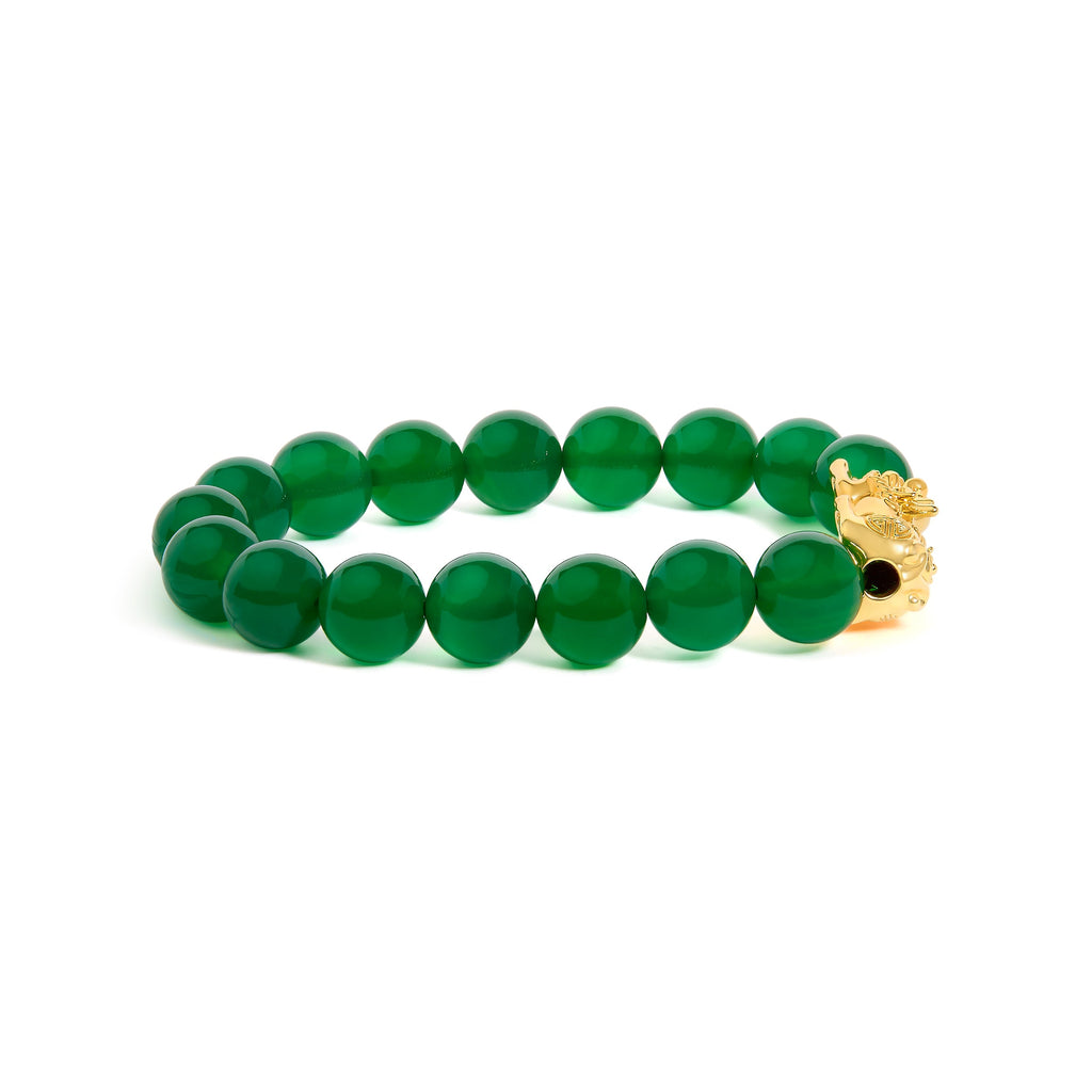 18K Yellow Gold Green Agate Beaded Bracelet with Dragon Charm