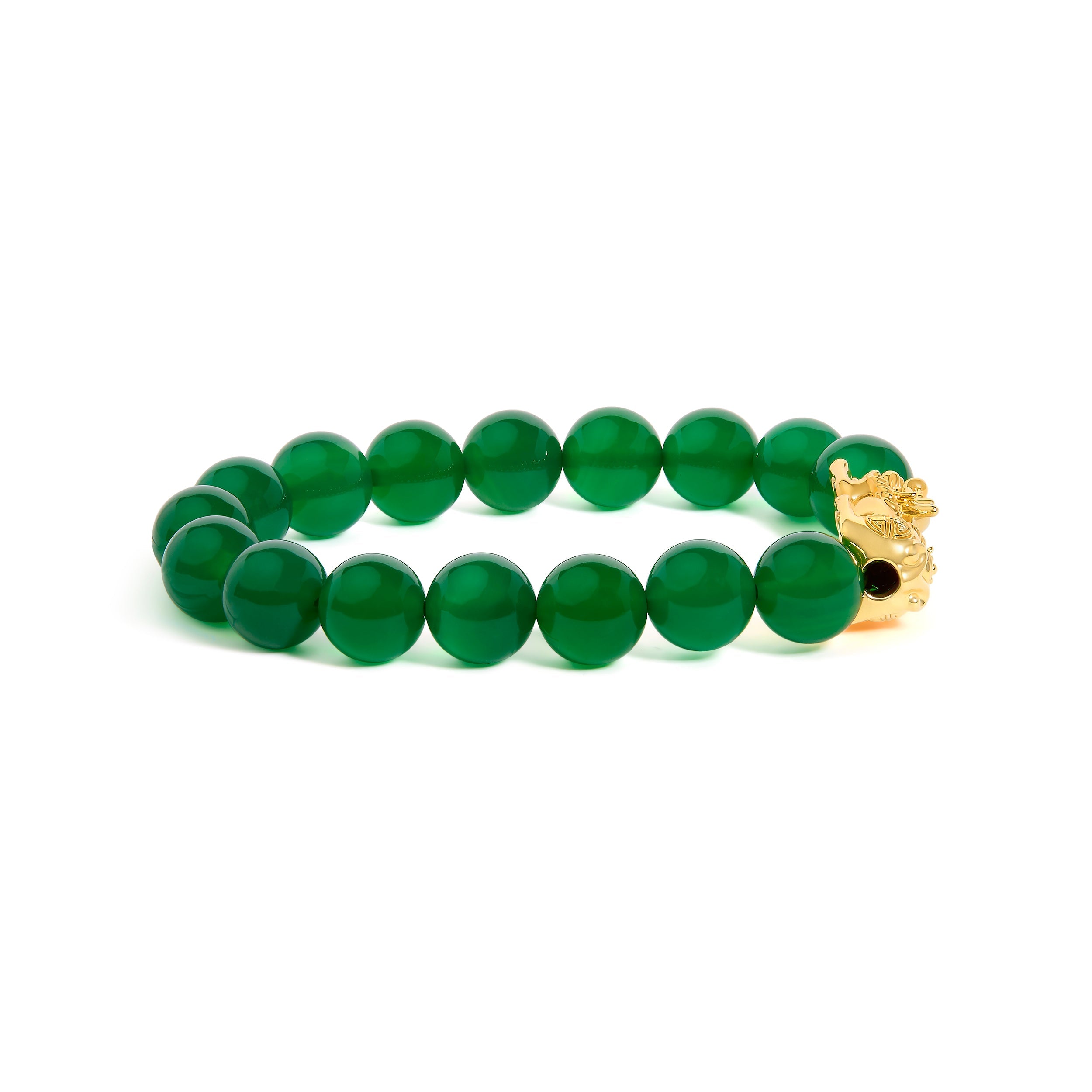 18K Yellow Gold Green Agate Beaded Bracelet with Dragon Charm