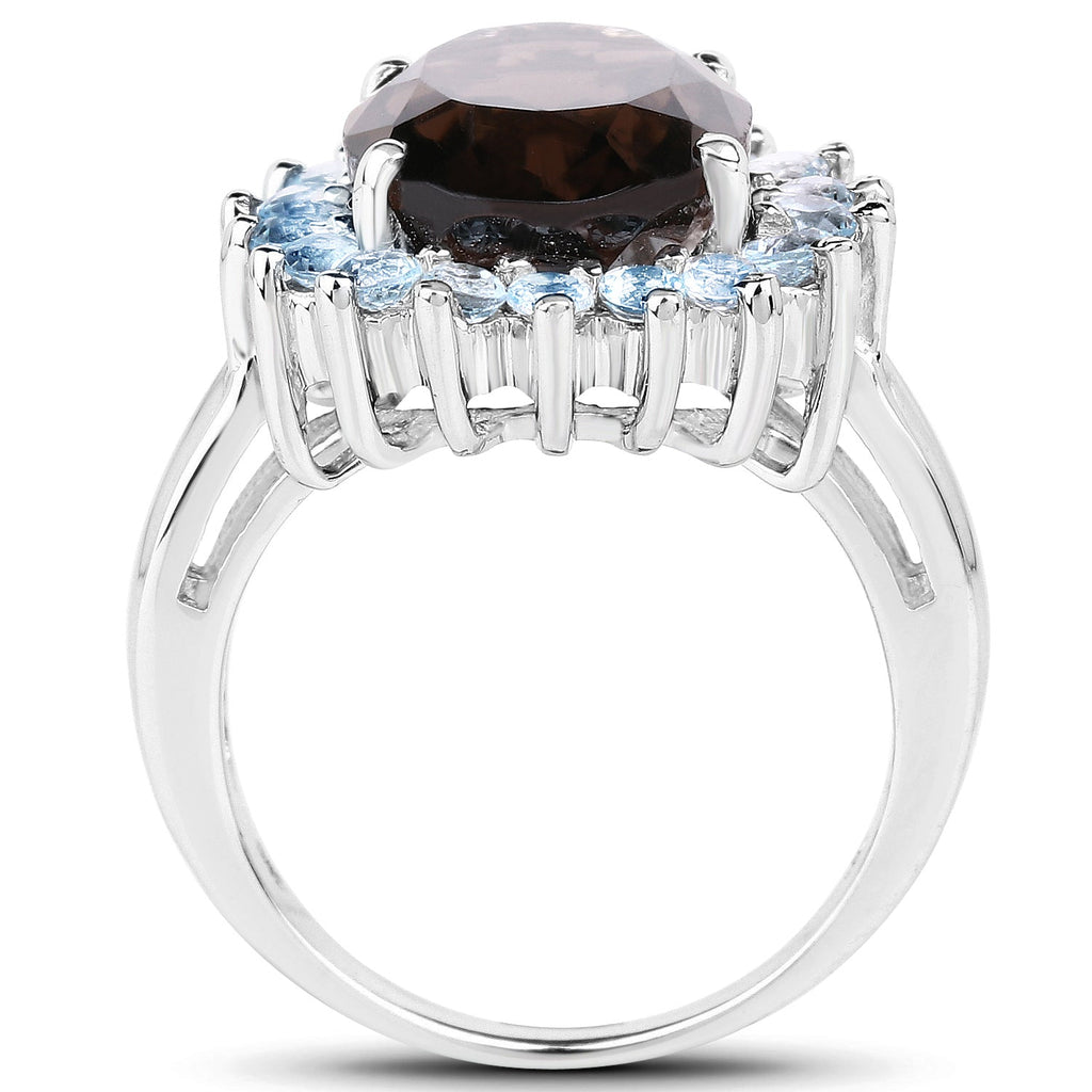 6.79 Carat Genuine Smoky Quartz & Blue Topaz .925 Sterling Silver Ring