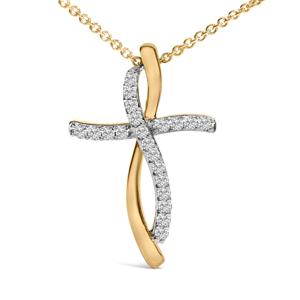 14K Yellow Gold Plated Sterling Silver 1/4 Cttw Diamond Cross Pendant Necklace