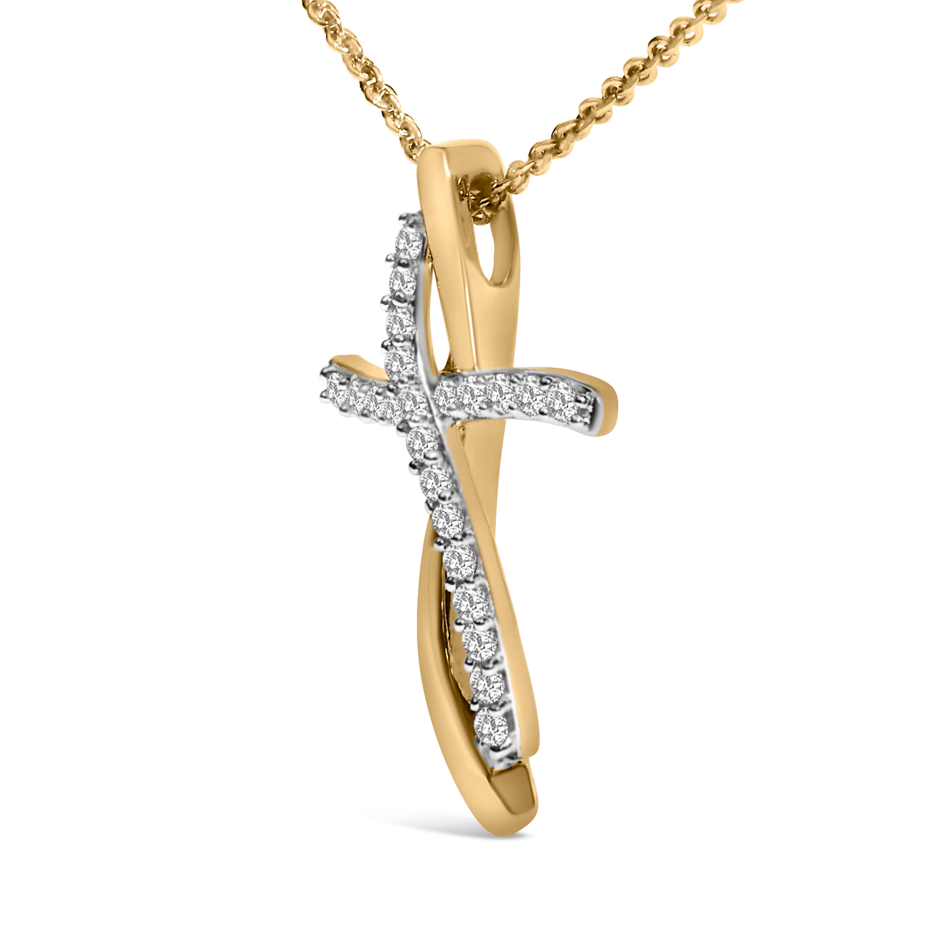 14K Yellow Gold Plated Sterling Silver 1/4 Cttw Diamond Cross Pendant Necklace