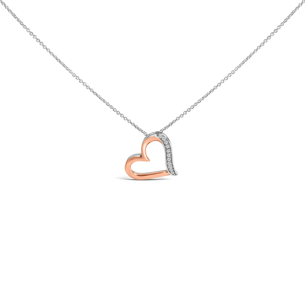 14K Rose Gold Plated Sterling Silver 1/10 Cttw Diamond Open Heart Pendant Necklace