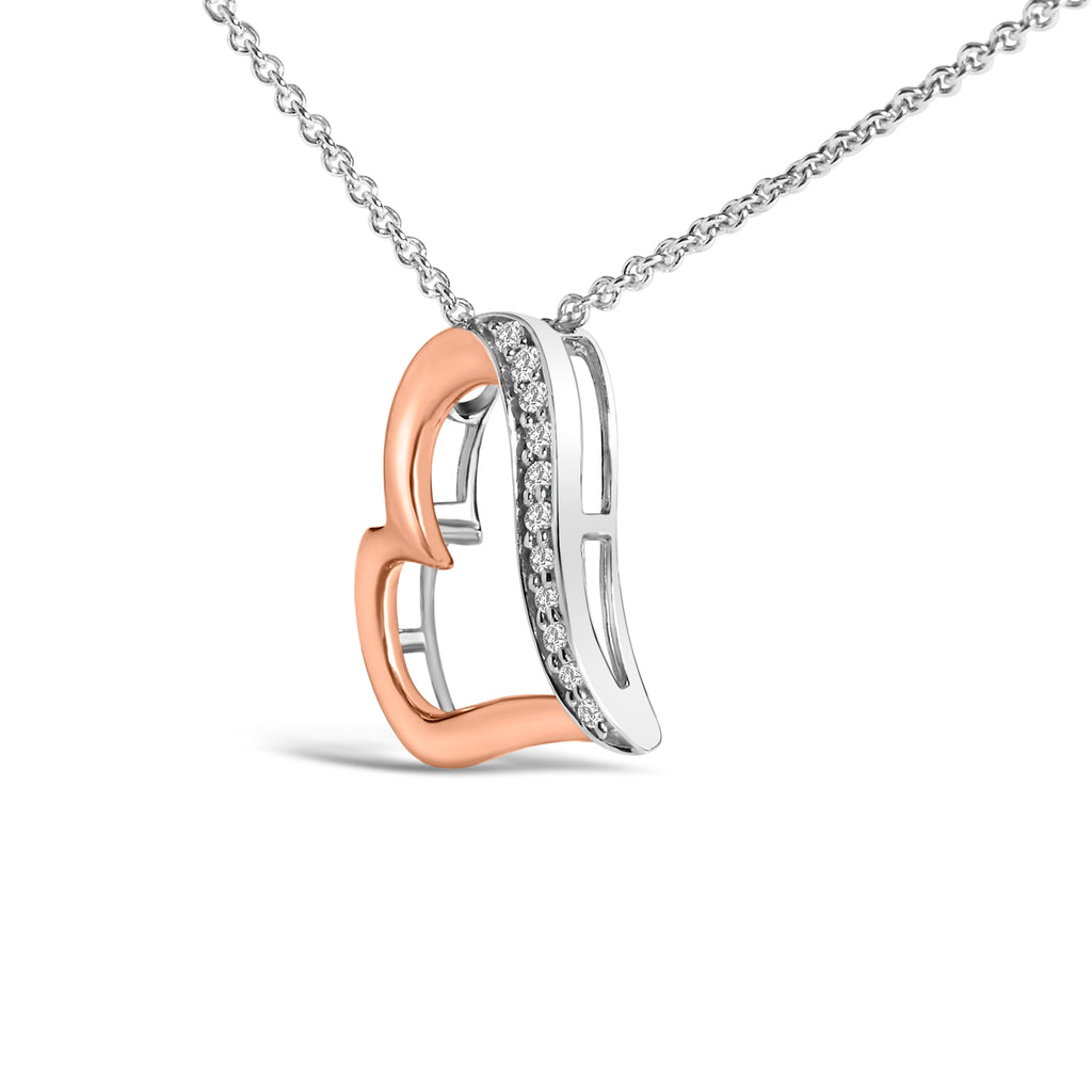 14K Rose Gold Plated Sterling Silver 1/10 Cttw Diamond Open Heart Pendant Necklace