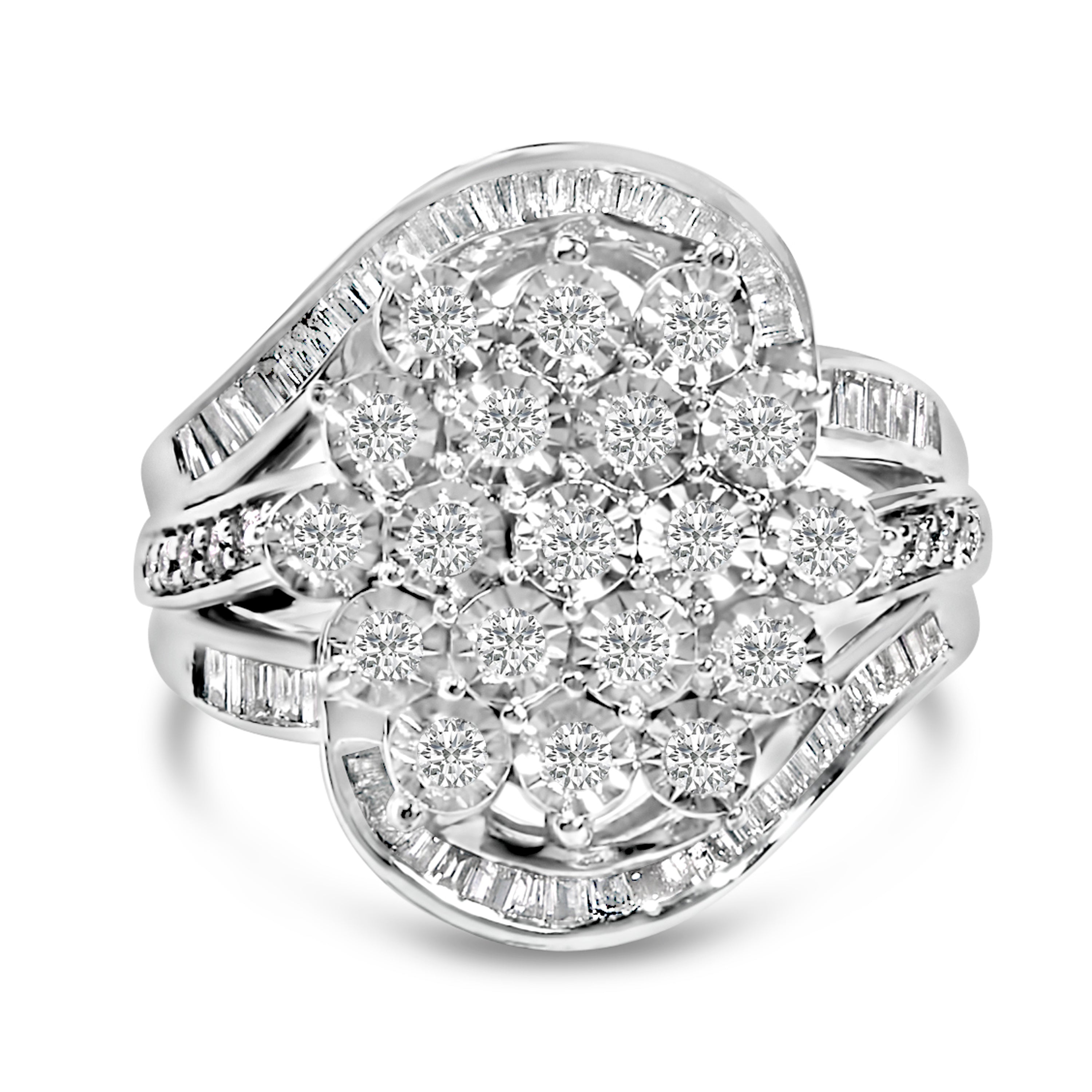 Sterling Silver 1.0 Cttw Diamond Swirl Cluster Cocktail Ring